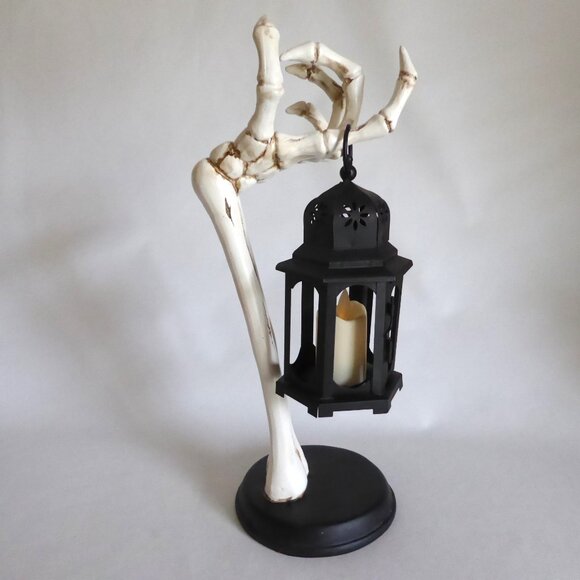 Other - NEW 16” GOTHIC HALLOWEEN SKELETON ARM HOLDING METAL LANTERN CANDLE SCULPTURE